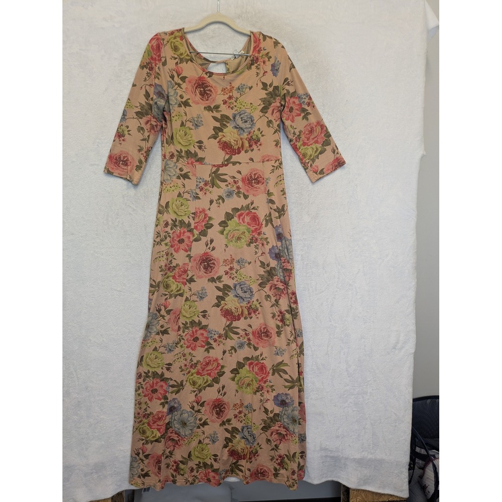 Peach Ice Floral Maxi Dress 3/4 Sleeve Round Neck Women's Size‎ Medium